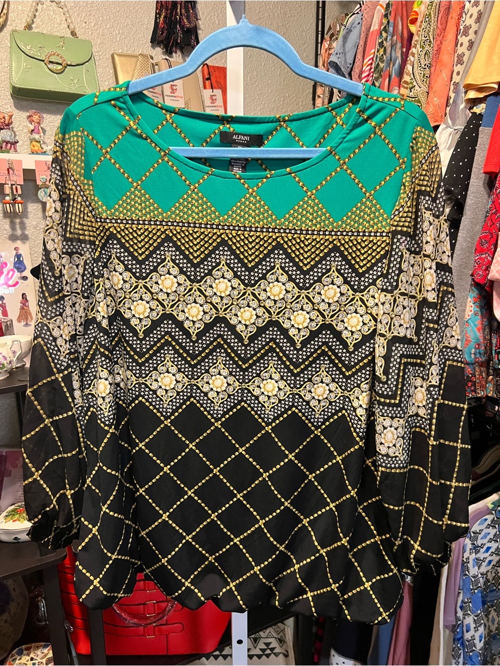 Alfani Green, Black & Gold Geometric Floral Tunic
